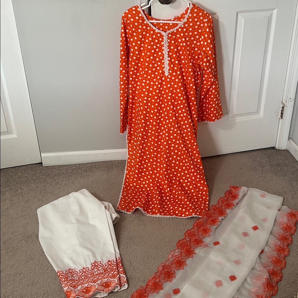 Orange and White Polka Dot Kurta Set